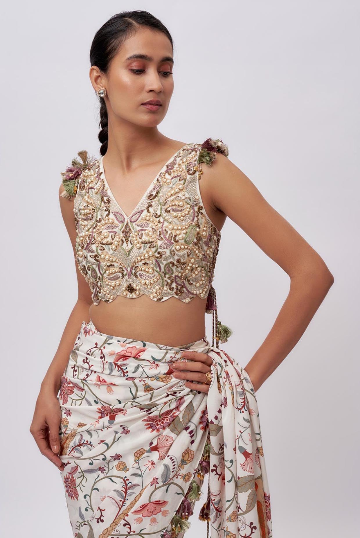 Cream Georgette Embroidered Choli With Cream Ochre Forest Whisper Print Crepe Pre-Stitched Saree.
