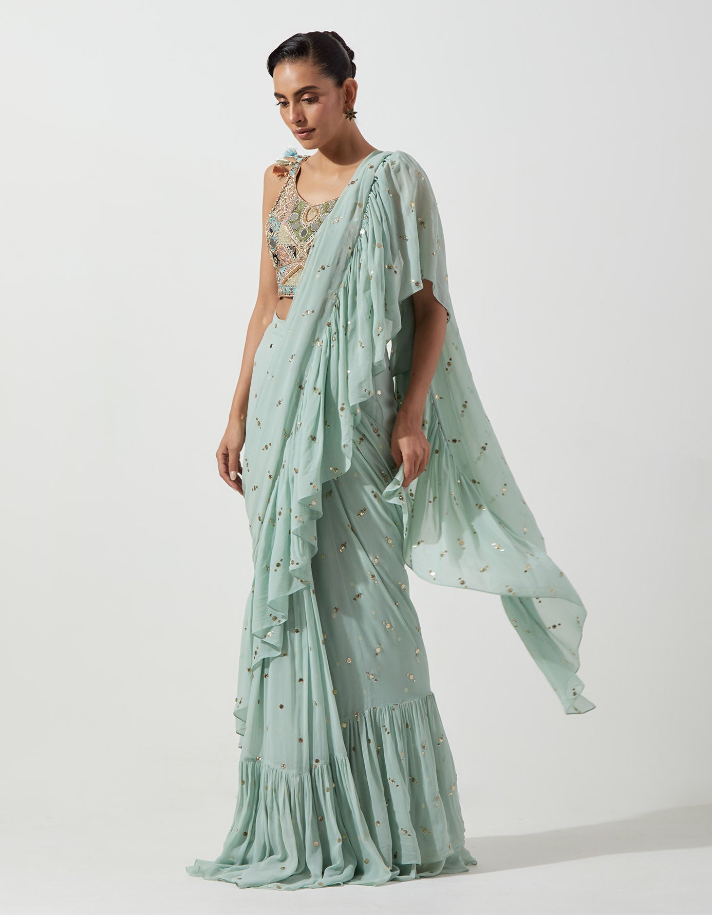Seafoam Embroidered Choli And Pre-Stitched Frill Saree