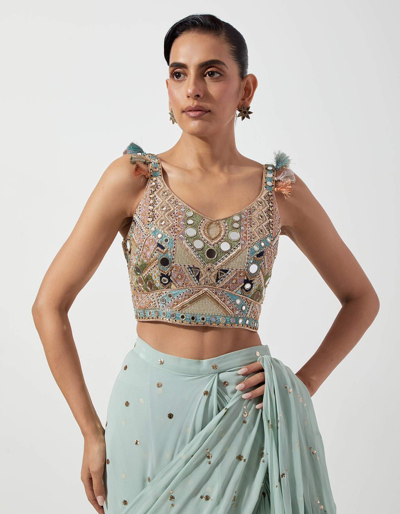 Seafoam Embroidered Choli And Pre-Stitched Frill Saree