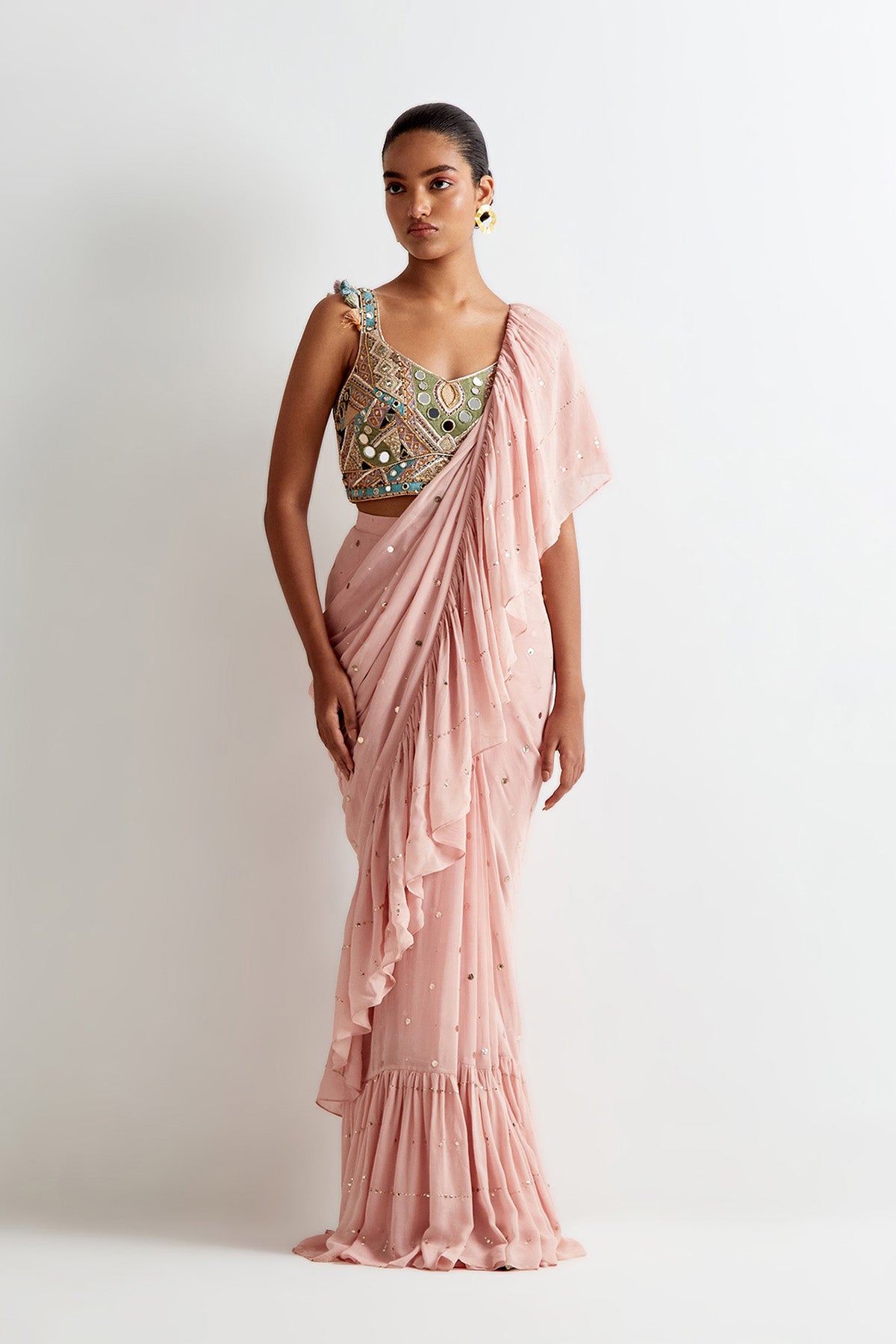 Rose Pink Georgette Embroidered Choli And Mukaish Georgette Pre- Stitched Frill Saree