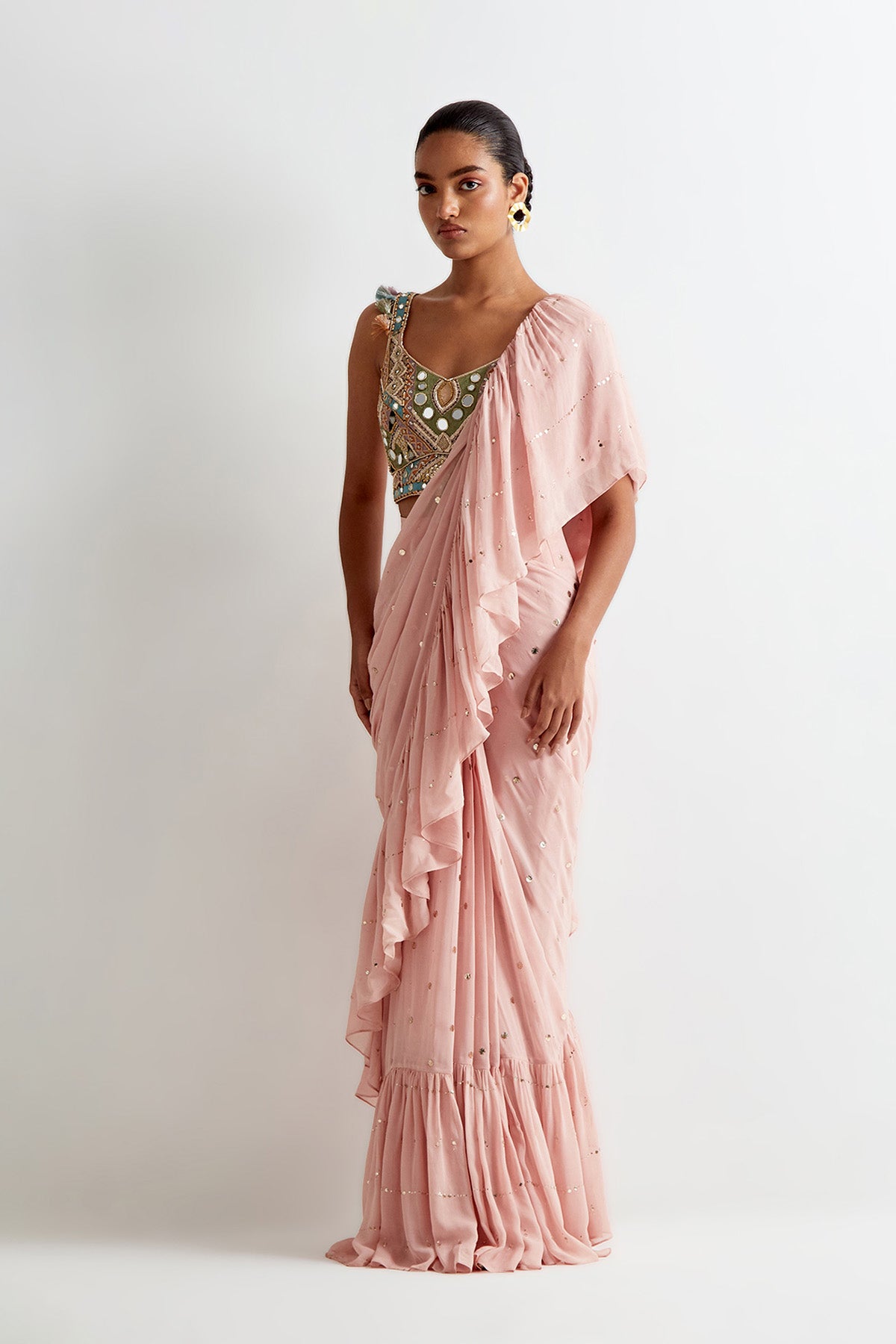 Rose Pink Georgette Embroidered Choli And Mukaish Georgette Pre- Stitched Frill Saree
