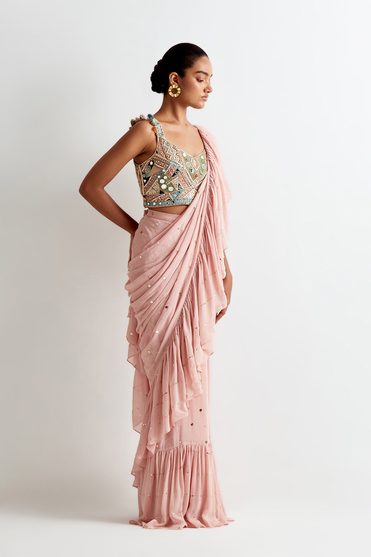 Rose Pink Georgette Embroidered Choli And Mukaish Georgette Pre- Stitched Frill Saree