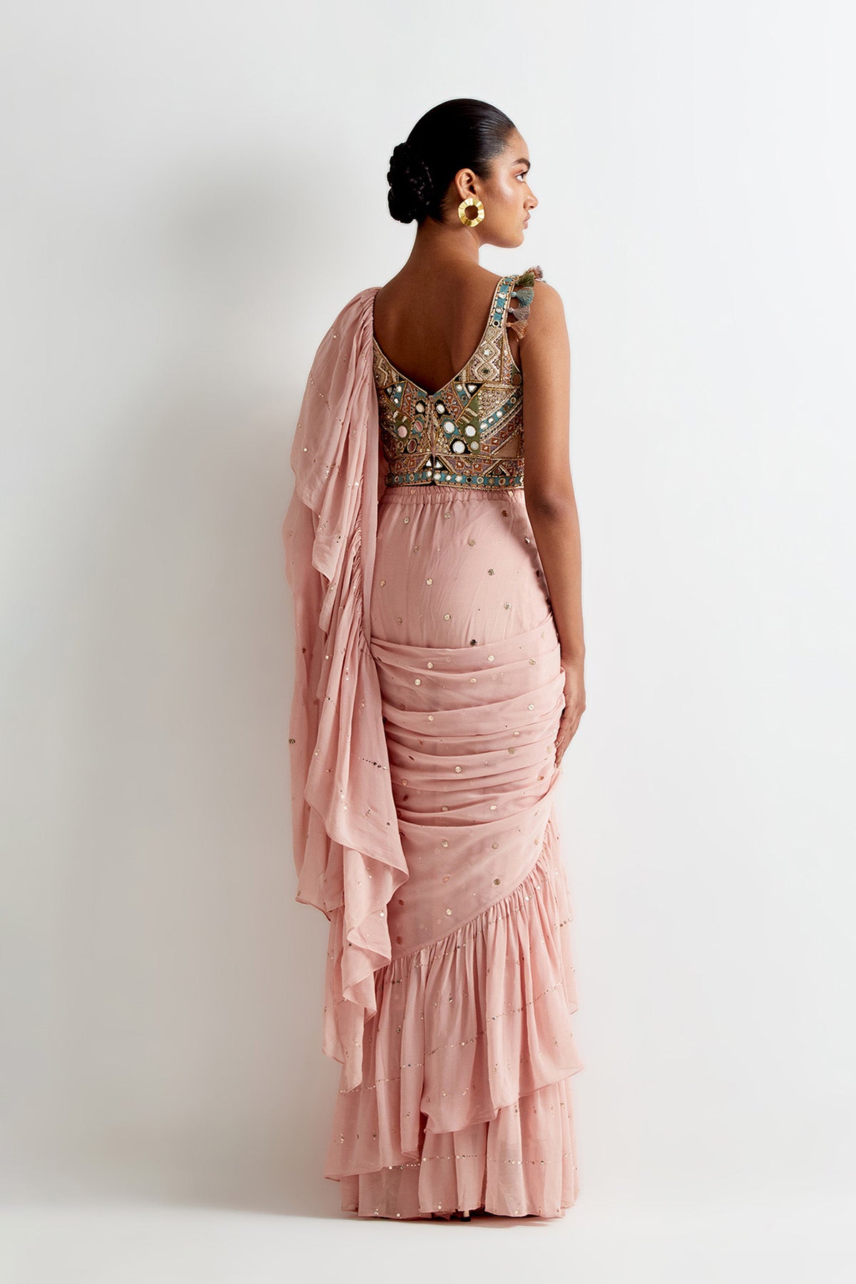 Rose Pink Georgette Embroidered Choli And Mukaish Georgette Pre- Stitched Frill Saree