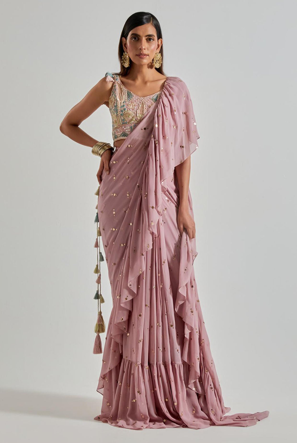 Onion Pink Choli with Mukaish Frill Saree