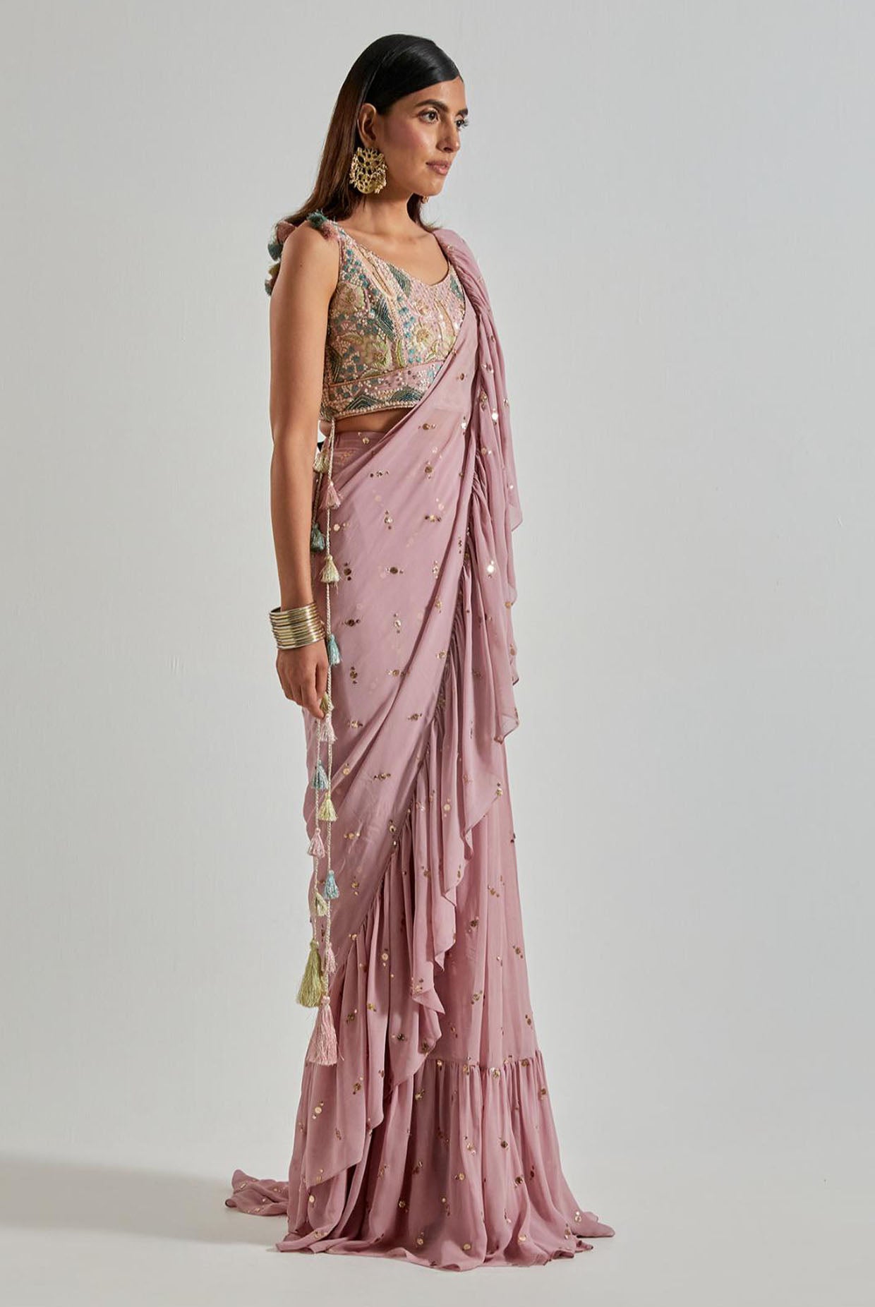 Onion Pink Choli with Mukaish Frill Saree