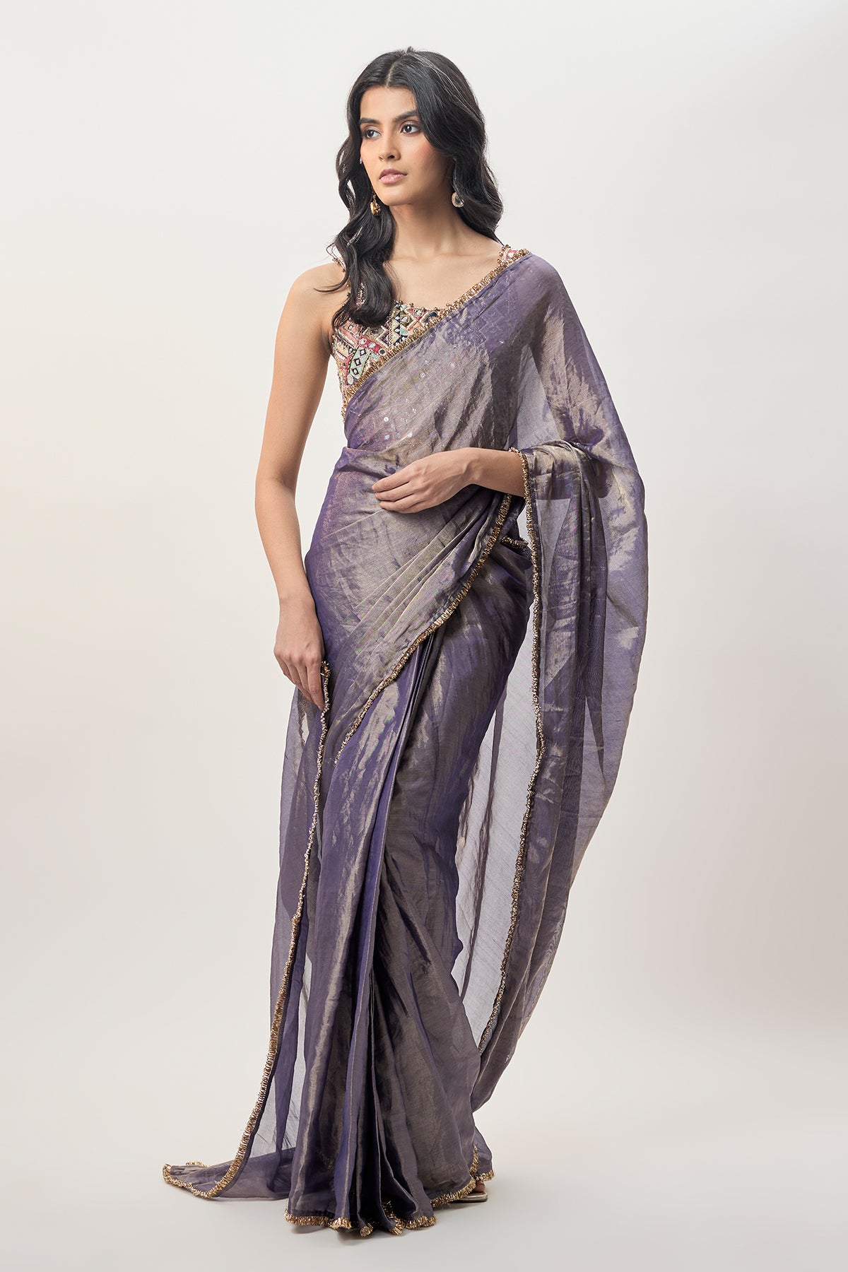 Niusha Purple Georgette Embroidered Choli And Pre-Stitched Tissue Saree