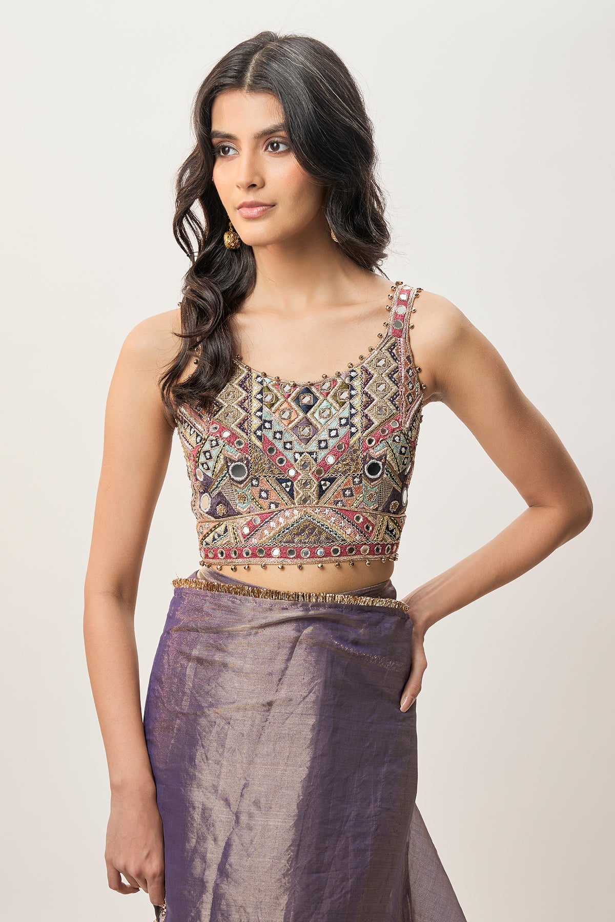 Niusha Purple Georgette Embroidered Choli And Pre-Stitched Tissue Saree