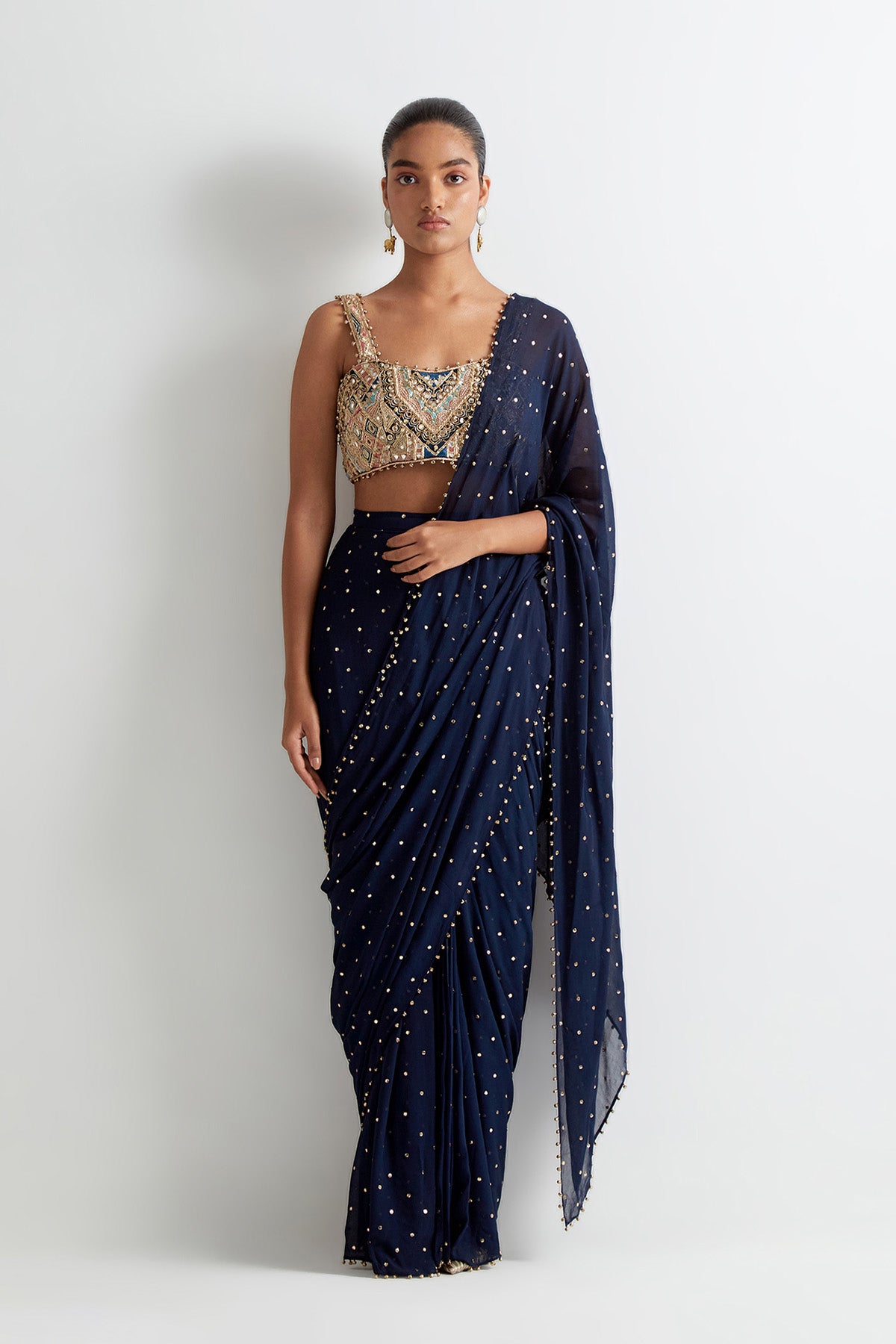 Navy Blue Georgette Embroidered Choli With Mukaish Georgette Pre- Stitched Saree