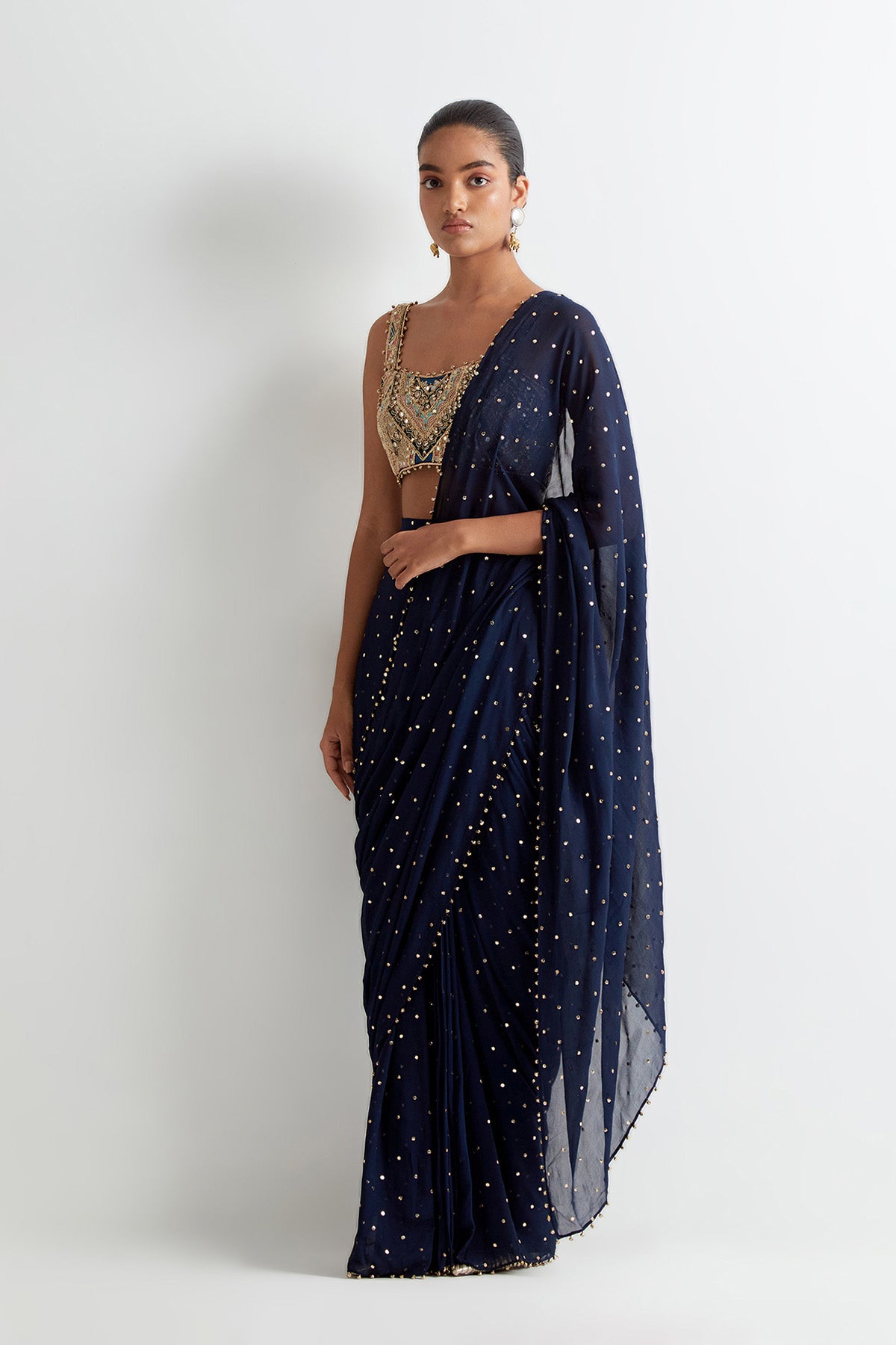 Navy Blue Georgette Embroidered Choli With Mukaish Georgette Pre- Stitched Saree