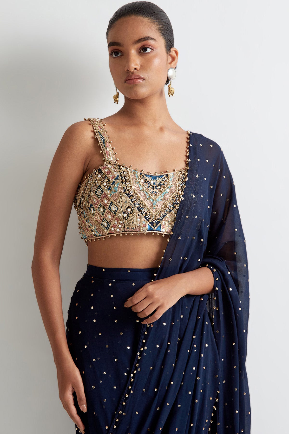 Navy Blue Georgette Embroidered Choli With Mukaish Georgette Pre- Stitched Saree