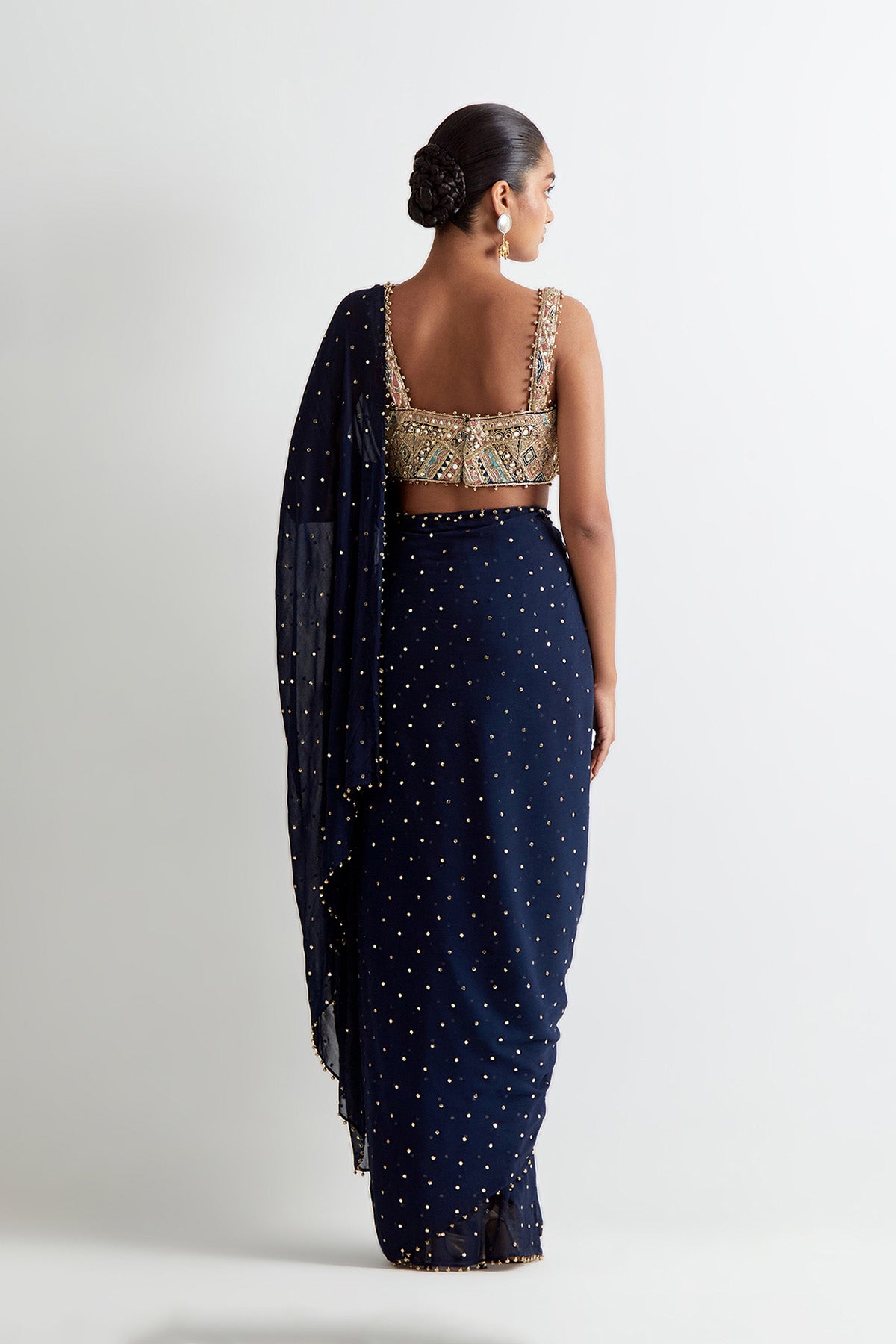 Navy Blue Georgette Embroidered Choli With Mukaish Georgette Pre- Stitched Saree