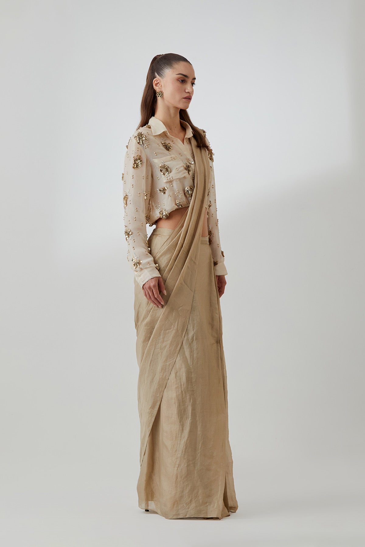 Stone Organza Studded Shirt With a Tissue Knotted Saree