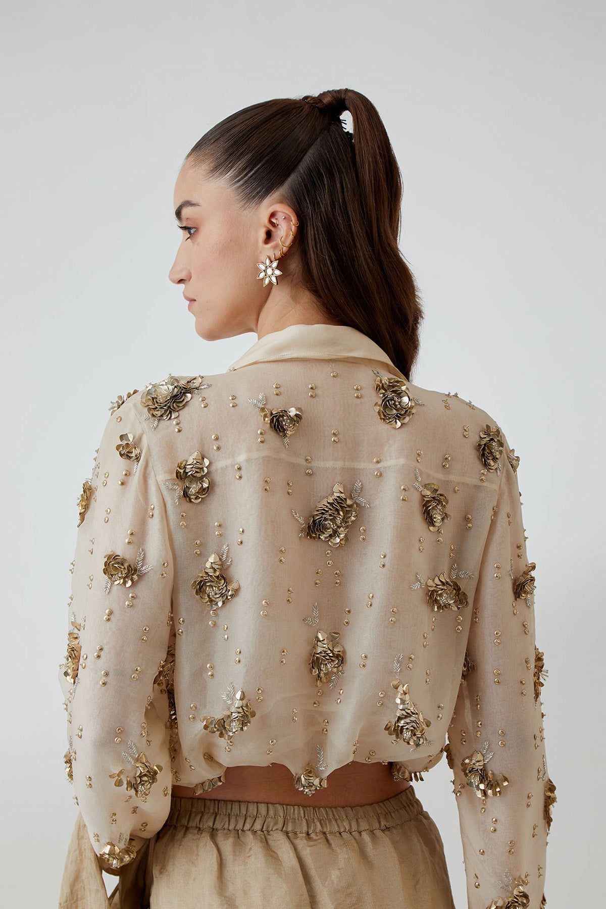 Stone Organza Studded Shirt With a Tissue Knotted Saree