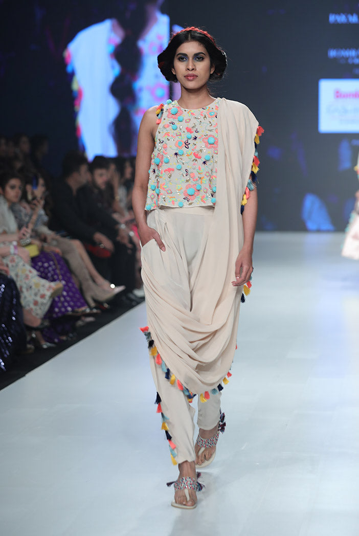 Mehru Stone Georgette Top with Crepe Low Crotch Pant and attached Georgette Drape