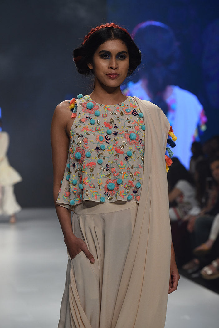 Mehru Stone Georgette Top with Crepe Low Crotch Pant and attached Georgette Drape