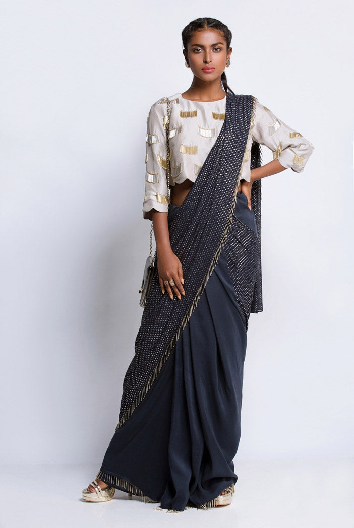 Grey Silk Choli with Navy Silk and Mukaish Georgette Saree