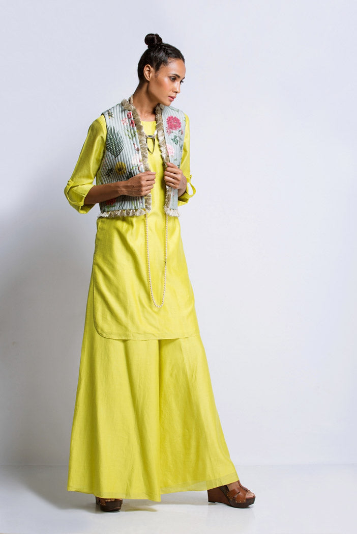 Lime Green Silkmul Kurat and Palazzo with Aqua Printed Dupion Silk Waist Coat