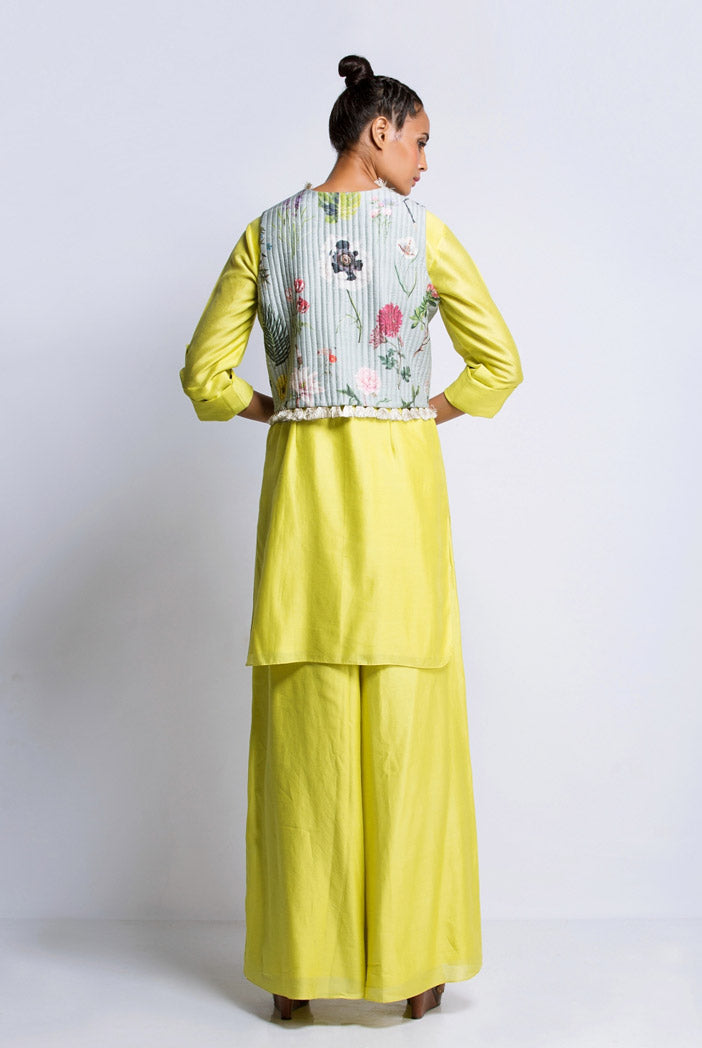 Lime Green Silkmul Kurat and Palazzo with Aqua Printed Dupion Silk Waist Coat