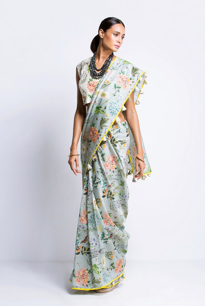 Ivory Printed Silkmul Choli with Aqua Printed Silkmul Saree