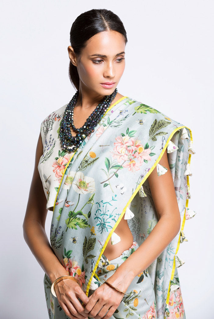 Ivory Printed Silkmul Choli with Aqua Printed Silkmul Saree