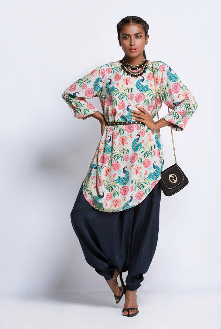 Khaki Printed Crepe Cowl Tunic with Navy Silk Low Crotch Pant