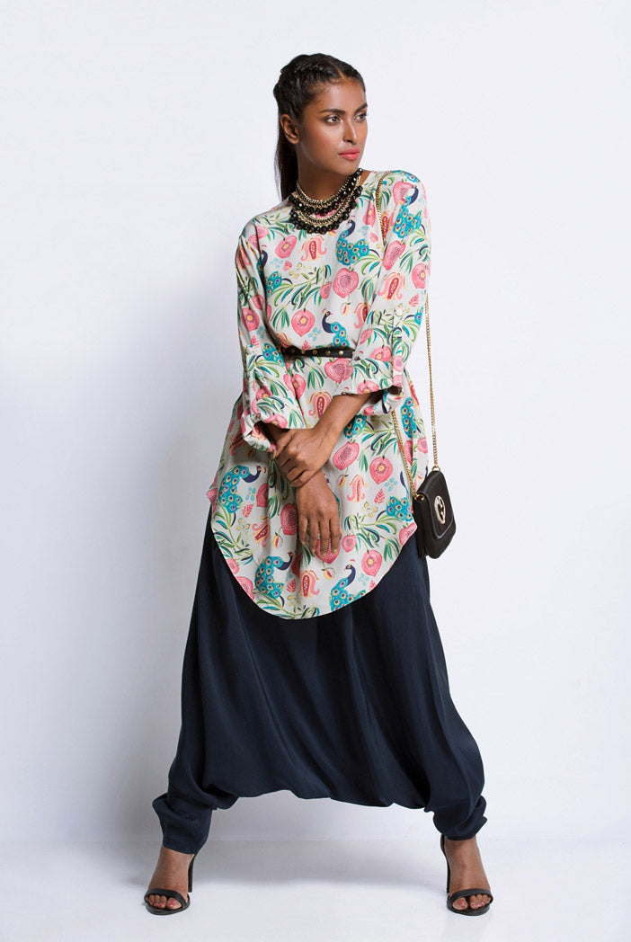 Khaki Printed Crepe Cowl Tunic with Navy Silk Low Crotch Pant
