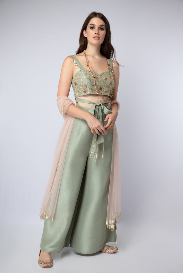 Mint Silk Tie-Up Choli and Palazzo Pants with Blush Net Dupatta