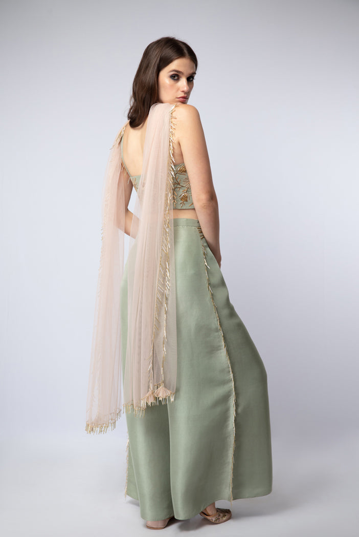 Mint Silk Tie-Up Choli and Palazzo Pants with Blush Net Dupatta