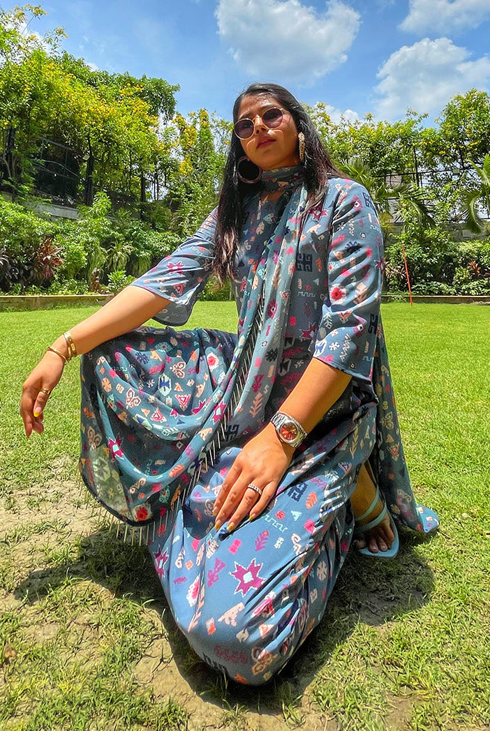 #PSGirl Chikky Goenka - Blue Printed Art Crepe Crop Top and Low Crotch Pant with Attached Printed Art Georgette Drape