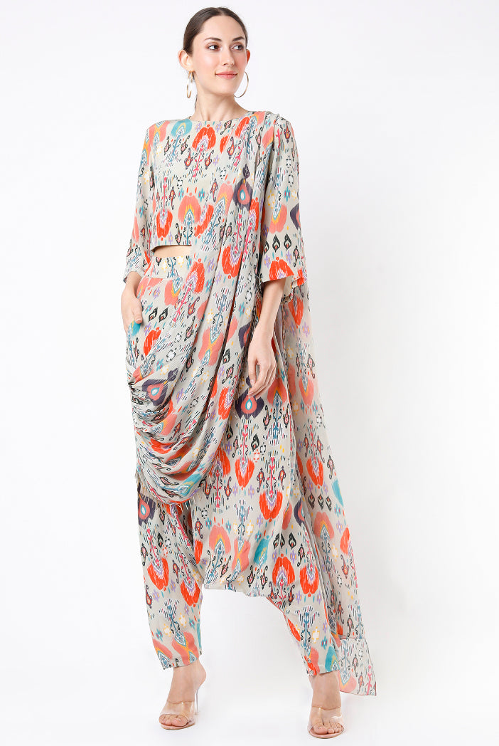 Stone Ikat Garden Print Crepe Crop Top With Low Crotch Pant And Attached Stone Ikat Love Georgette Drape With Tassels