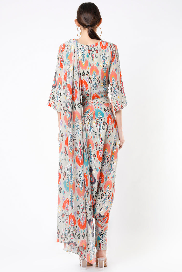 Stone Ikat Garden Print Crepe Crop Top With Low Crotch Pant And Attached Stone Ikat Love Georgette Drape With Tassels