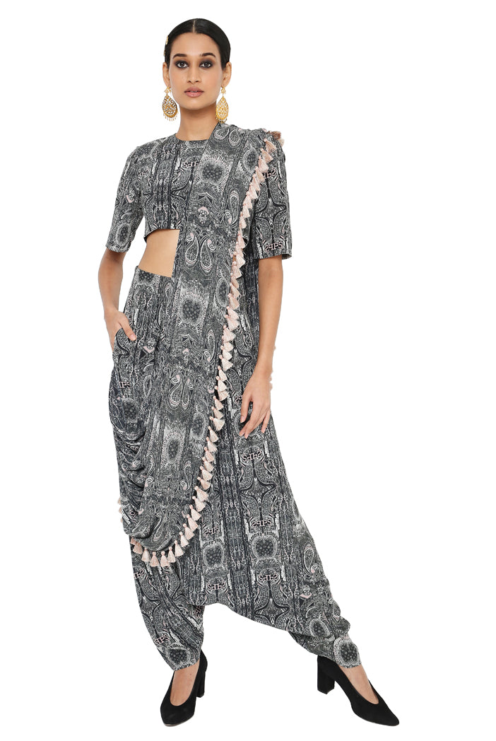 Gulnaz Printed Crepe Blouse And Low Crotch Pants With Attached Drape