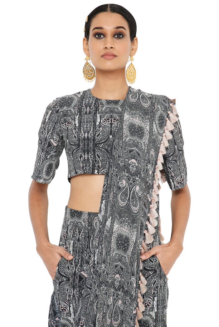 Gulnaz Printed Crepe Blouse And Low Crotch Pants With Attached Drape