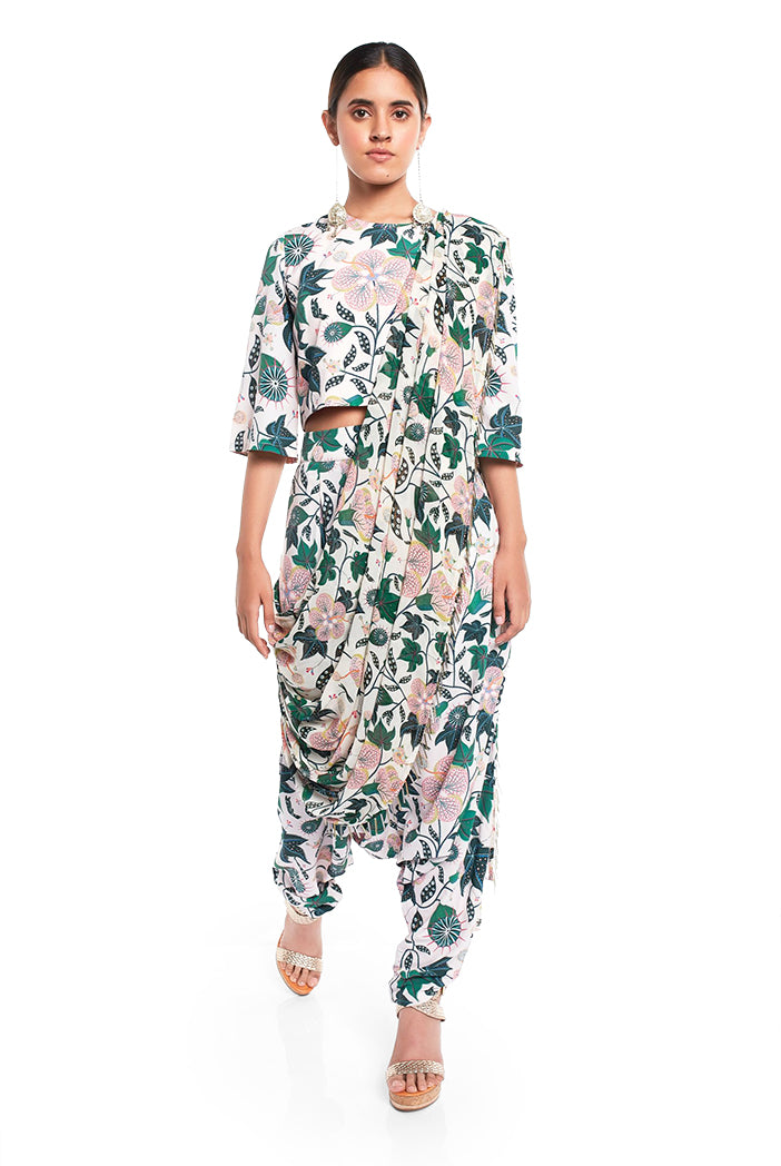White Printed Art Crepe Crop Top and Low Crotch pant with Attached Art Georgette Drape Dupatta