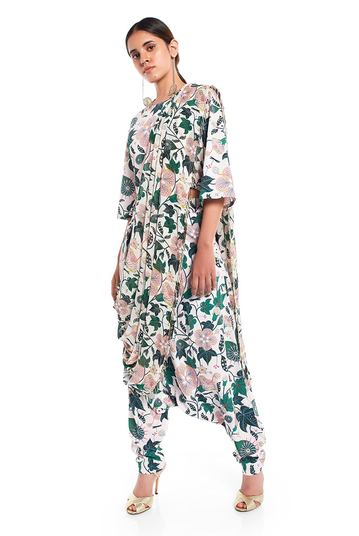 White Printed Art Crepe Crop Top and Low Crotch pant with Attached Art Georgette Drape Dupatta