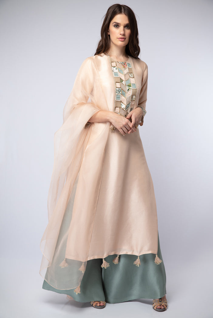 Blush Silk Kurta with Powder Blue Silk Palazzo and Blush Organza Dupatta