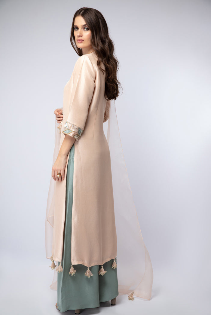 Blush Silk Kurta with Powder Blue Silk Palazzo and Blush Organza Dupatta