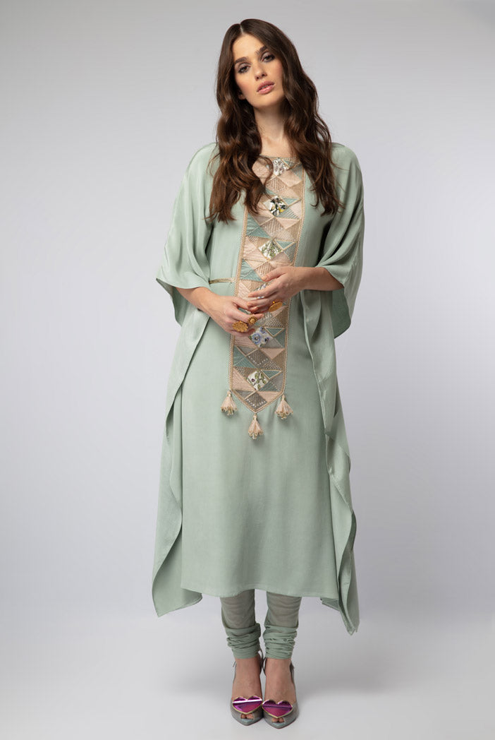Powder Blue Crepe Kaftan Tunic with Soft Net Churidar