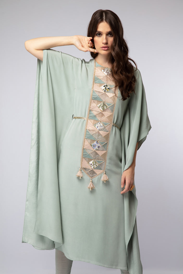 Powder Blue Crepe Kaftan Tunic with Soft Net Churidar