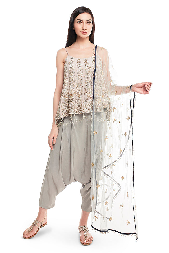 Powder Blue Crepe Short Anarkali Kurta with Silk Low Crotch Pant and Net Dupatta
