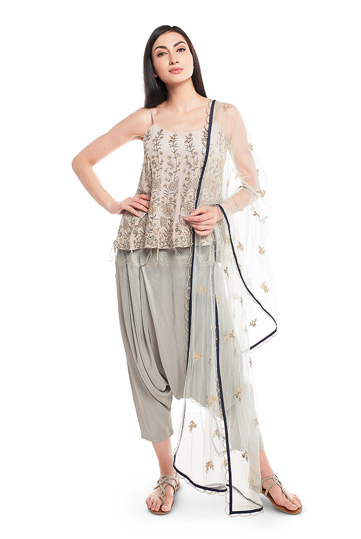 Powder Blue Crepe Short Anarkali Kurta with Silk Low Crotch Pant and Net Dupatta