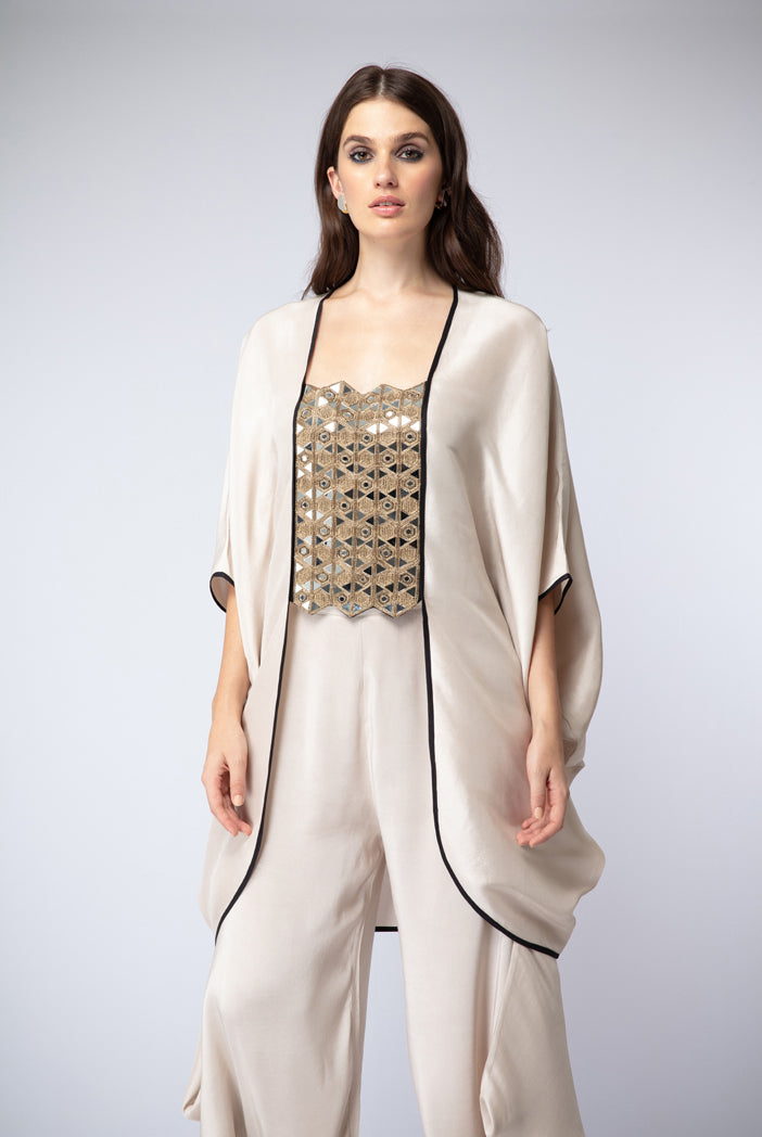 Stone Embroidered Kaftan with Cowl Calf-Length Pants