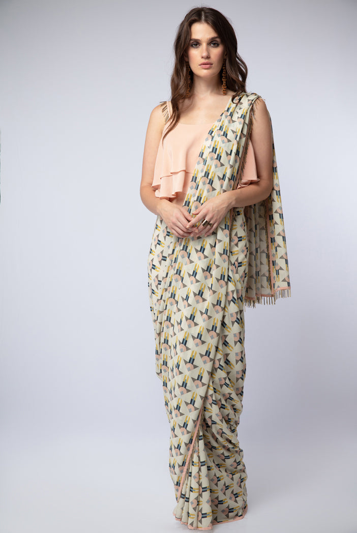 Peach Crepe Layered Top with Cream Printed Georgette Saree