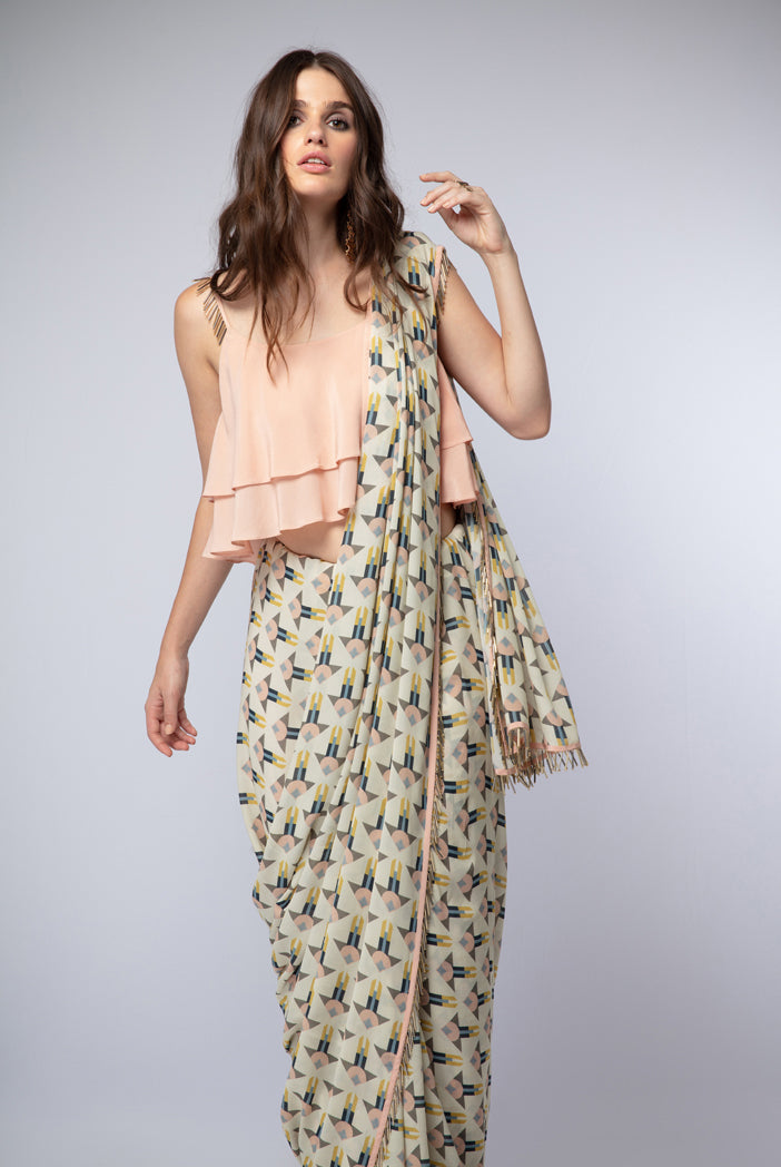 Peach Crepe Layered Top with Cream Printed Georgette Saree
