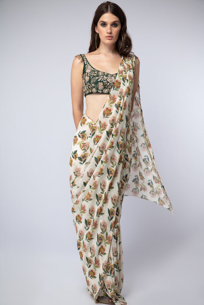 Emerald Green Silk Choli with Cream Printed Crepe Saree