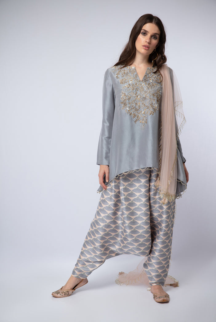 Lavender Silk High-Low Kurta with Blush Printed Silk Low crotch Pant and Blush Net Dupatta