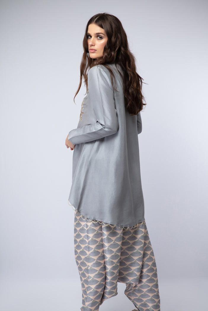 Lavender Silk High-Low Kurta with Blush Printed Silk Low crotch Pant and Blush Net Dupatta
