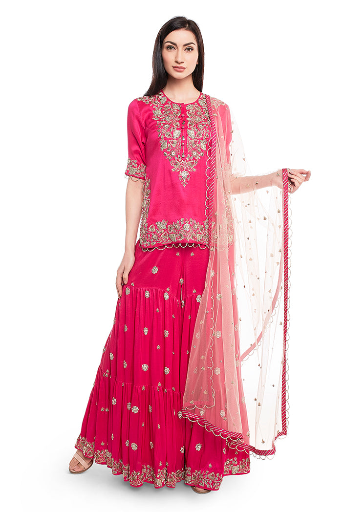 Hot Pink Silk Kurta with Sharara and Rose Pink Net Dupatta