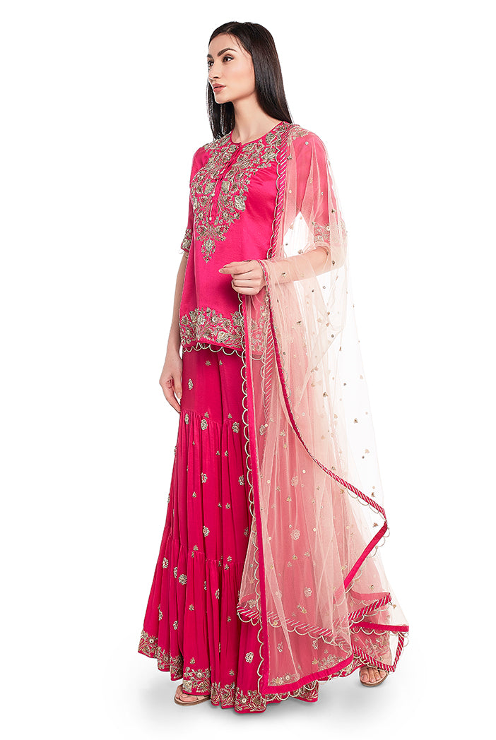 Hot Pink Silk Kurta with Sharara and Rose Pink Net Dupatta