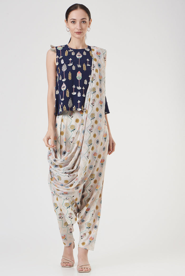 Navy Art Crepe Embroidered Top And Cream Printed Art Crepe Dhoti Pants With Attached Printed Art Georgette Drape